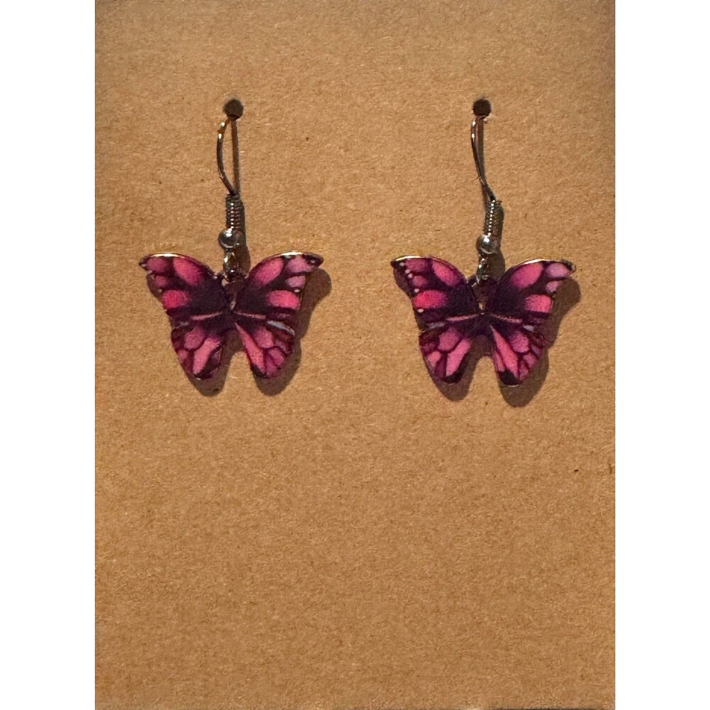Enamel Hot Pink Butterfly Charm on Black Wire Earrings #2203 - Picture 4 of 4
